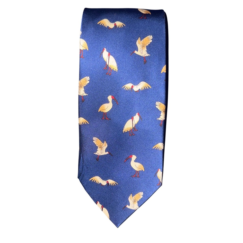 Vintage Lanbo Mens Silk Necktie Navy‎ Blue Crane Ibis Bird Pattern Tie
